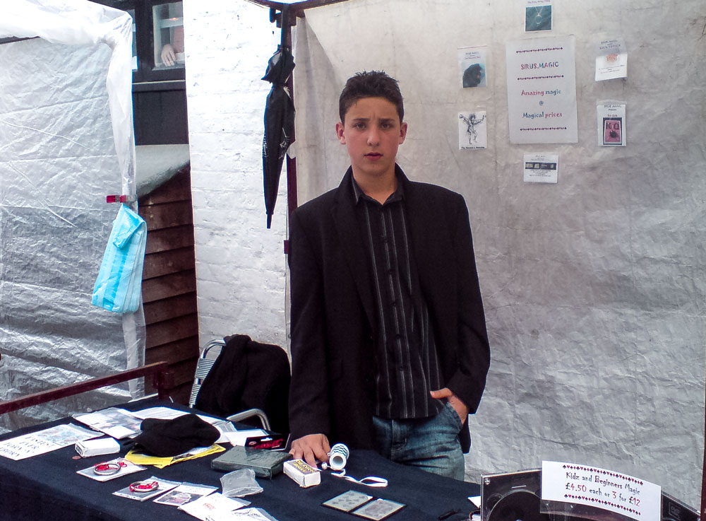 2007 - Julius Dein, 13 years old, at his magic stall in London